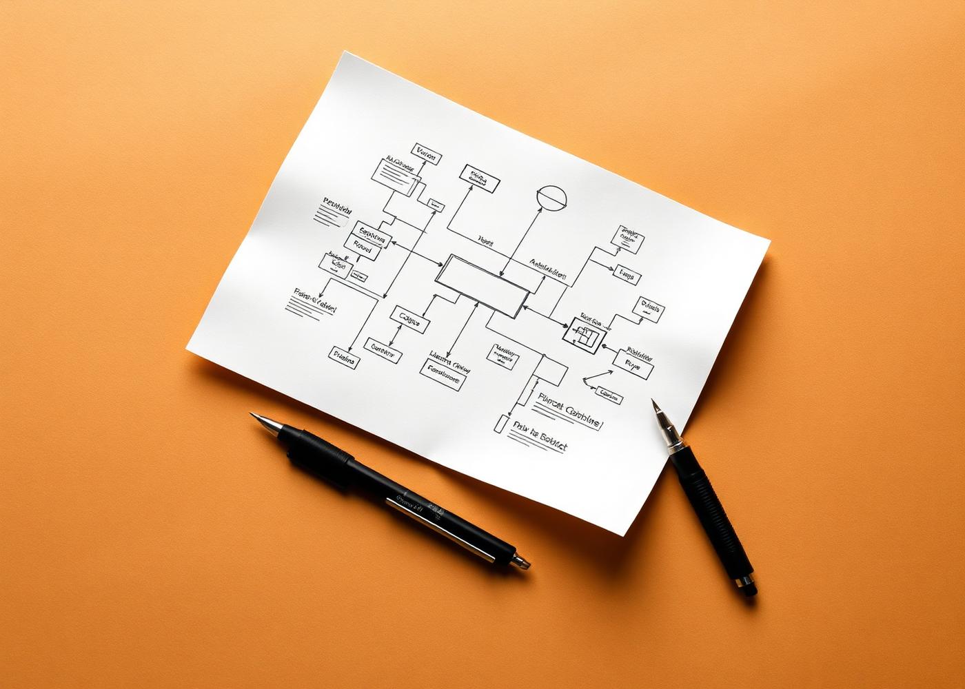 Hand-drawn architectural flow diagram on white paper resting on an orange surface
