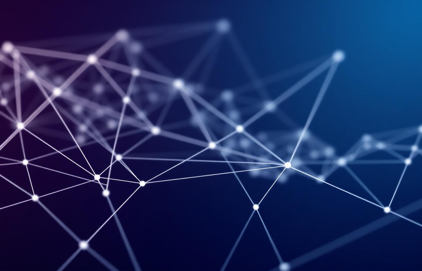 Abstract network graph of thin white lines on a deep navy background
