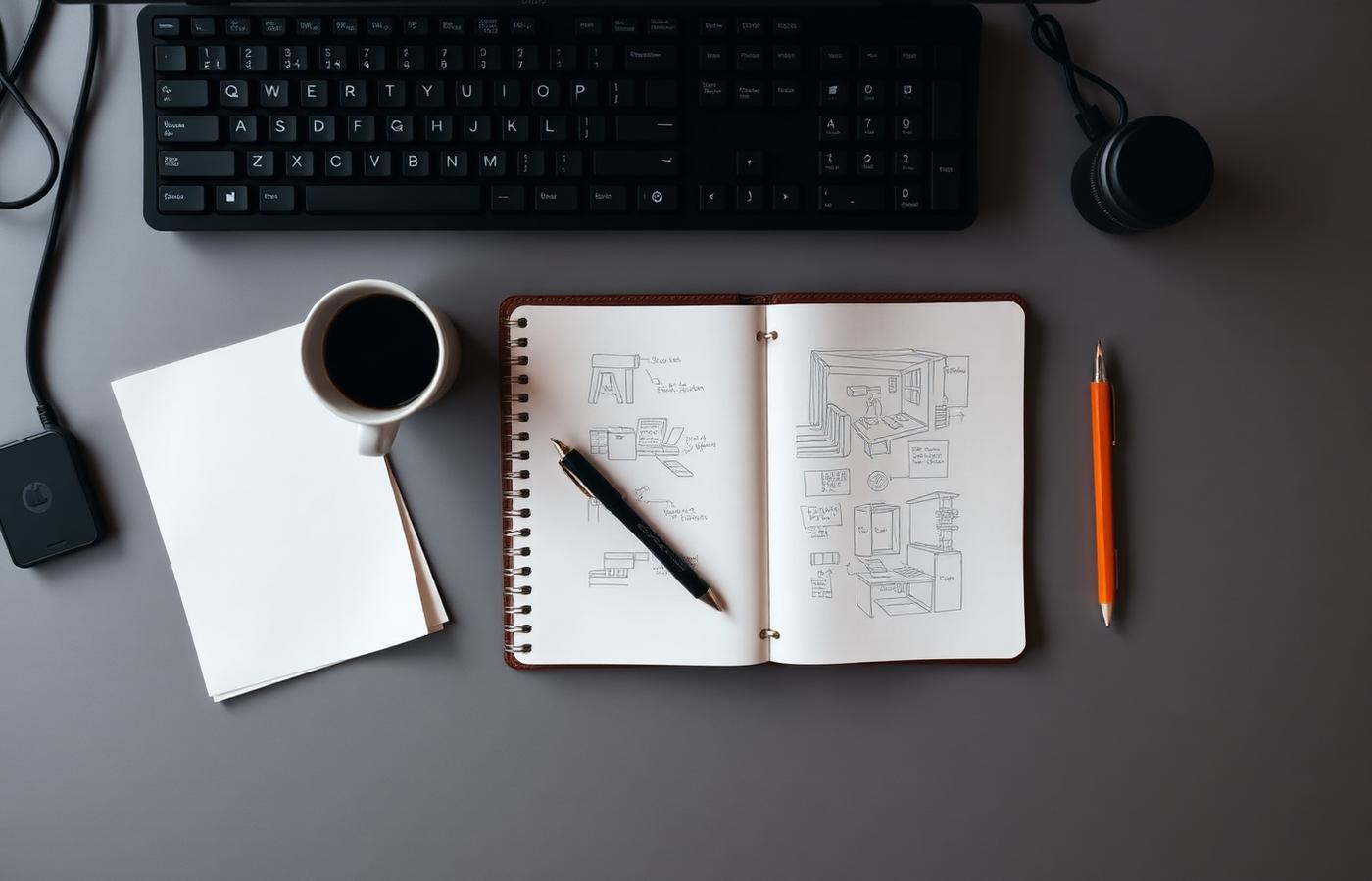 Overhead view of an engineer's desk with mechanical keyboard, notebook and coffee cup