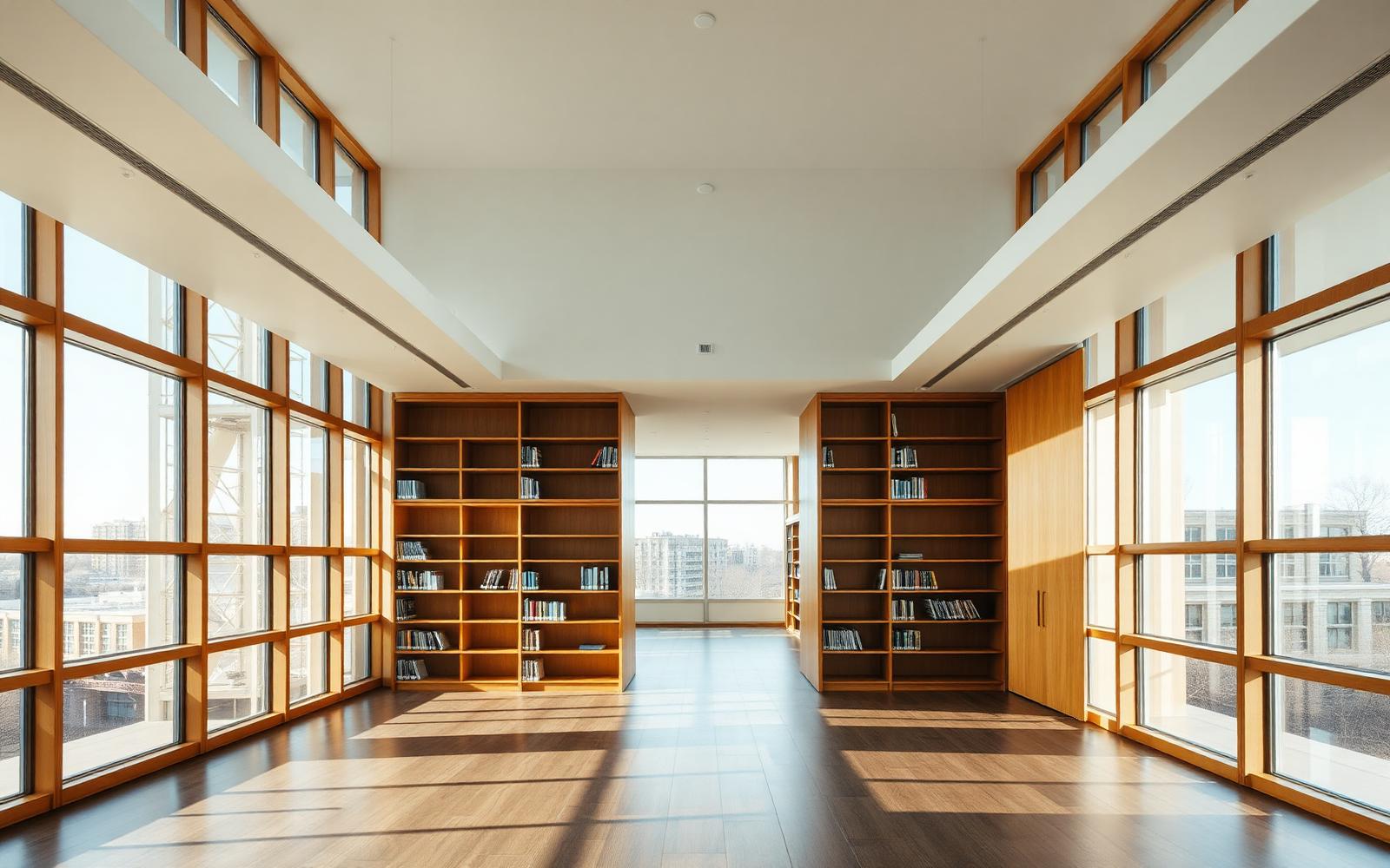 Sunlit modern office library interior with tall wooden bookshelves and large windows