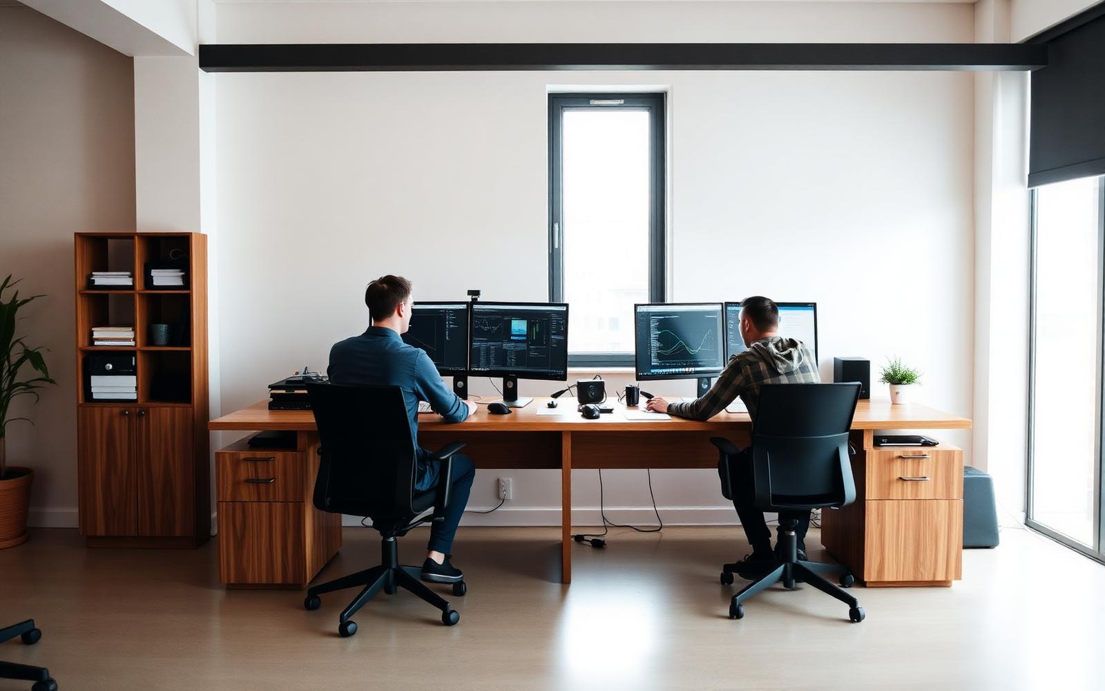 Two engineers reviewing software diagrams in a bright minimalist studio workspace
